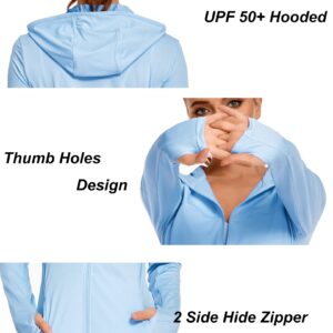 COOrun Women's UPF 50+ Sun Protection Hoodie Jacket Lightweight Full Zip Running Jacket Athletic Jacket with Thumb Holes Deep Sky Blue XL