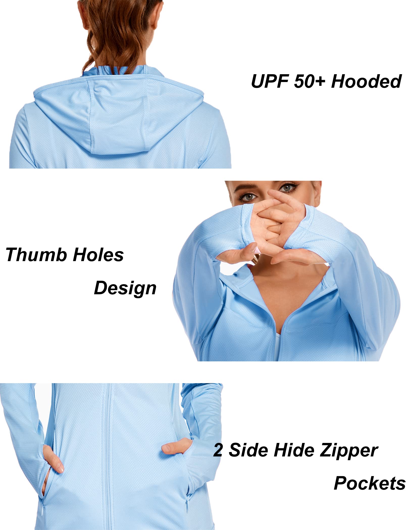 COOrun Women's UPF 50+ Sun Protection Hoodie Jacket Lightweight Full Zip Running Jacket Athletic Jacket with Thumb Holes Deep Sky Blue XL