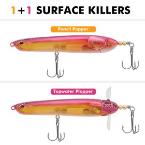 TRUSCEND Top Water Pencil Fishing Lures with Double Floating Rotating Tail, Surface Pencil Popper, Long Cast Premium Bass Bait with Rattle, Fishing Teasers Swimbaits for Freshwater Saltwater