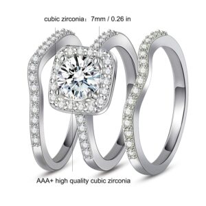 Gemsme 18K White Gold Plated Three-in-One Wedding Engagement Eternity Rings Halo Cubic Zirconia Bridal Rings Set (8)