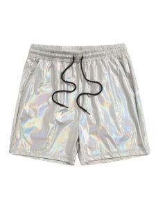 wdirara men's metallic shiny sparkly drawstring waist shorts with pockets silver reflective l