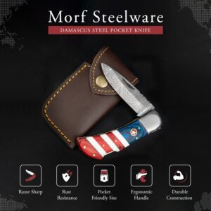 Morf Steelware American Flag Damascus Pocket Knife, USA Patriotic Damascus Folding Knife, 7.25 inches Survival Pocket Knife for Men, Handmade Camping & Hunting Knife With Sheath