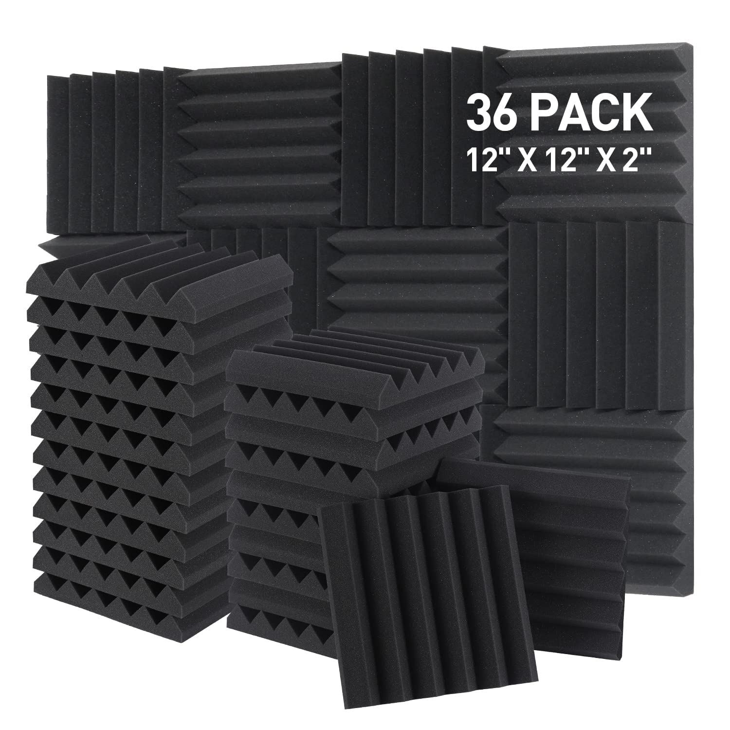 Sound Proof Foam Panels - 12 x 12 x 2 Inches 36 Pack Wedges Acoustic Foam Panels Sound Proofing Padding for Walls and Ceiling High Density Foam Studio Foam (Black)