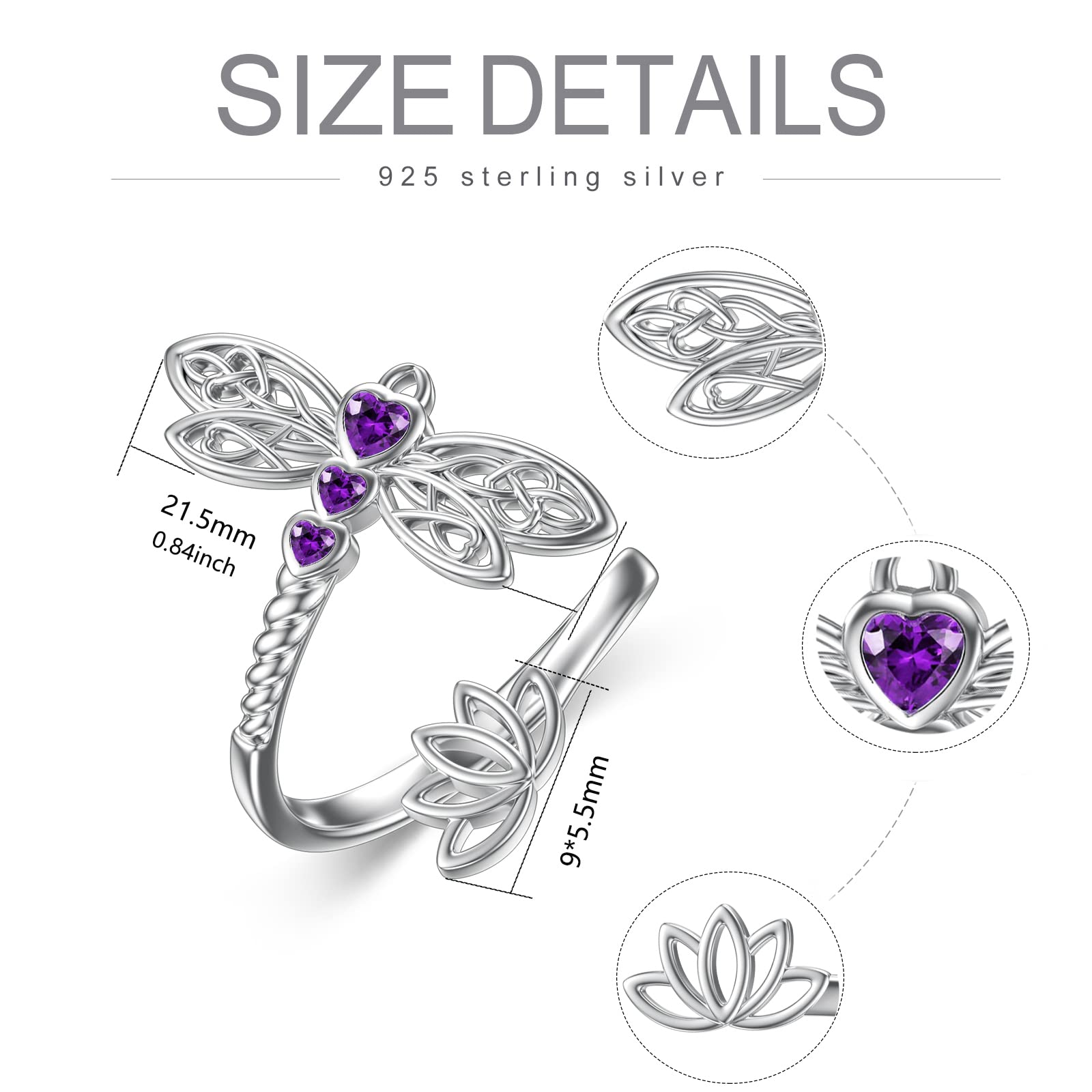 RMREWY Dragonfly Birthstone Ring 925 Sterling Silver Lotus Adjustable Ring Celtic Dragonfly Jewelry Birthday Gifts for Women Dragonfly Lovers