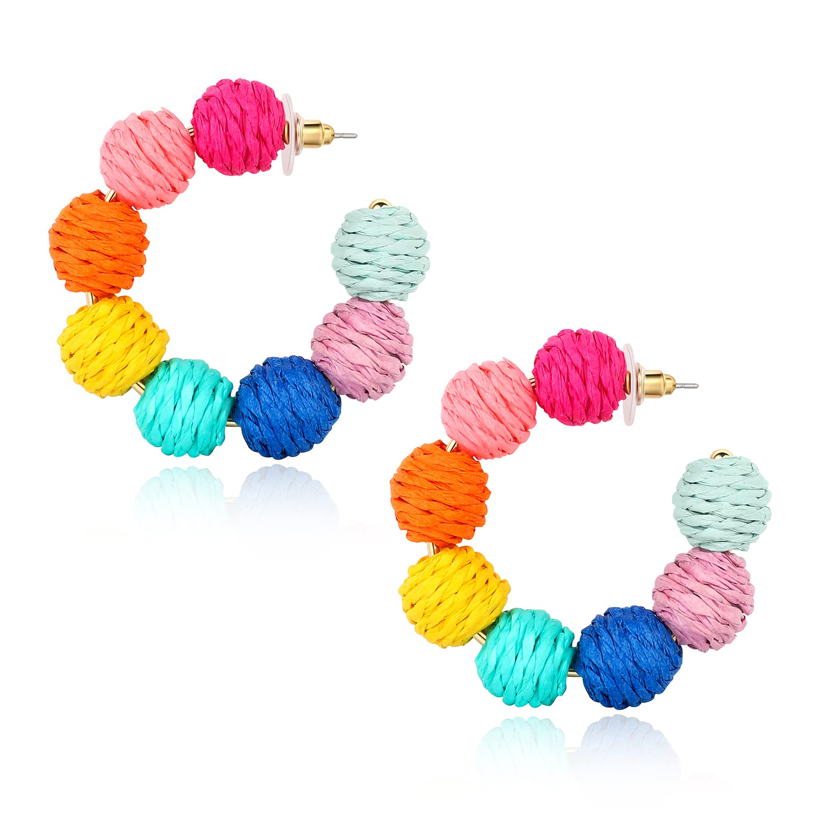 Hoop Earrings for Women Colorful Bohemian Rattan Earrings Handmade Rainbow Ball Earrings Raffia Circle Dangle Drop Earrings