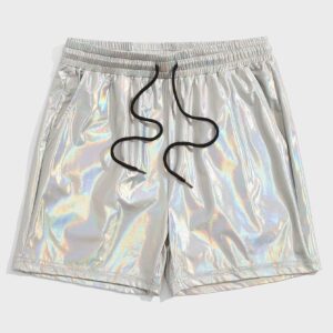 WDIRARA Men's Metallic Shiny Sparkly Drawstring Waist Shorts with Pockets Silver Reflective L