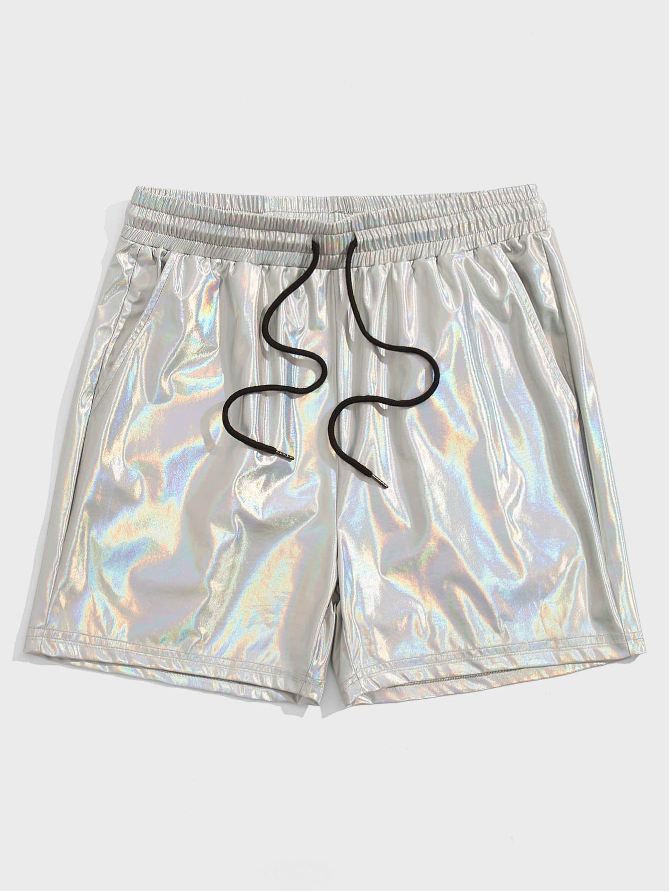 WDIRARA Men's Metallic Shiny Sparkly Drawstring Waist Shorts with Pockets Silver Reflective L