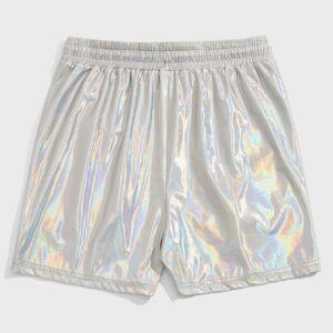 WDIRARA Men's Metallic Shiny Sparkly Drawstring Waist Shorts with Pockets Silver Reflective L