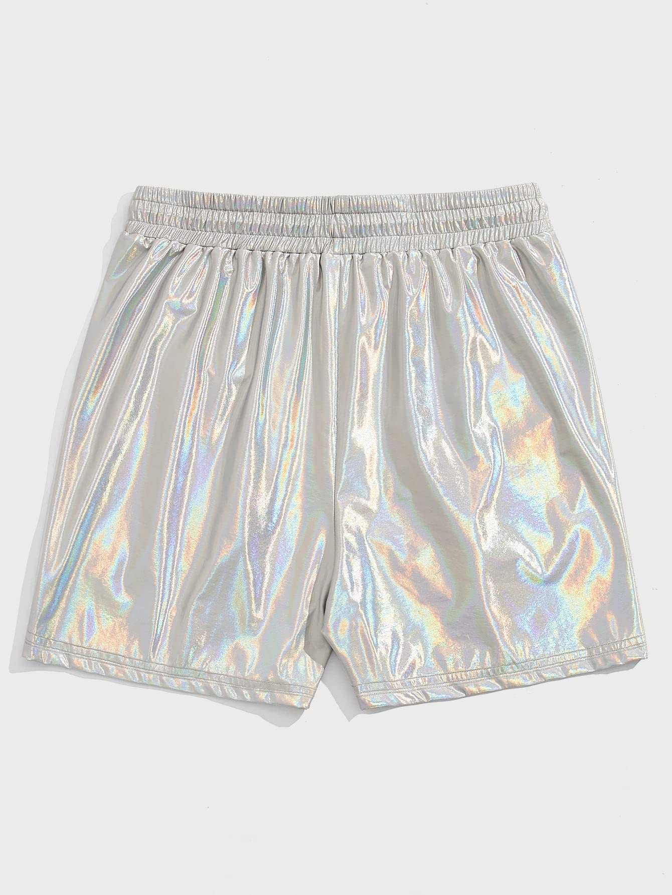 WDIRARA Men's Metallic Shiny Sparkly Drawstring Waist Shorts with Pockets Silver Reflective L