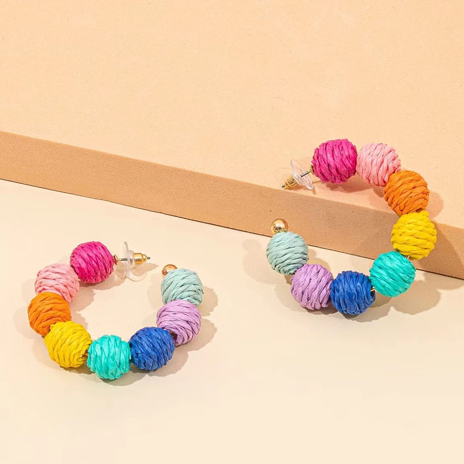 Hoop Earrings for Women Colorful Bohemian Rattan Earrings Handmade Rainbow Ball Earrings Raffia Circle Dangle Drop Earrings