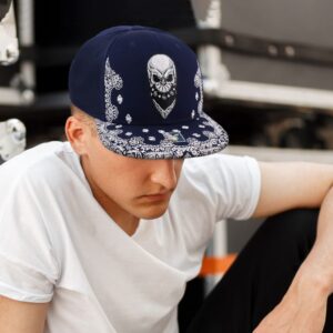 Trendy Apparel Shop Skull Bandana Embroidered Snapback with Paisley Print Flatbill Cap - Grey USA