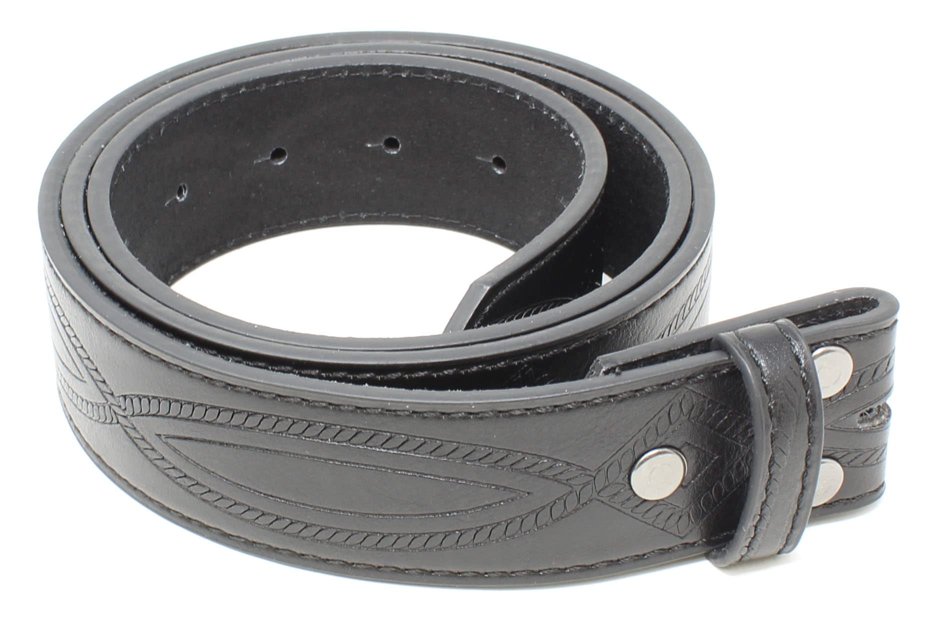 BC Belts Leather Belt Strap with Fancy Saddle Stitch Embossed Pattern 1.5" Wide with Snaps (Black-S)