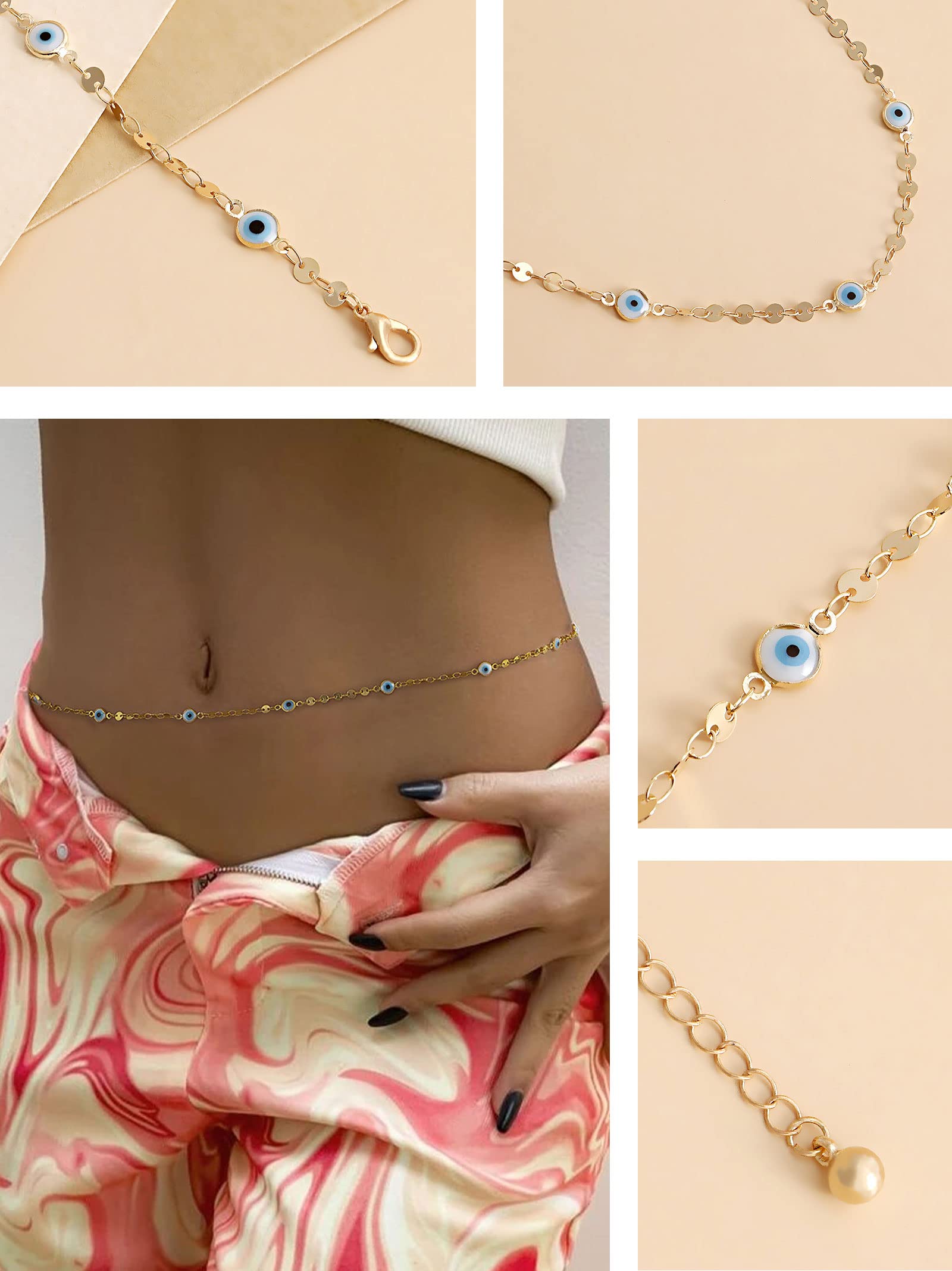 Evil Eye Waist Chain for Women Bikini Body Chain Sexy Belly Chain Boho Body Jewelry for Beach（A）