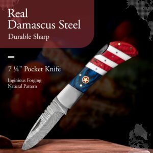 Morf Steelware American Flag Damascus Pocket Knife, USA Patriotic Damascus Folding Knife, 7.25 inches Survival Pocket Knife for Men, Handmade Camping & Hunting Knife With Sheath