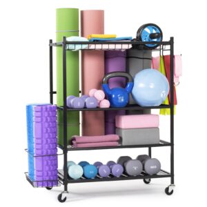 umineux yoga mat storage racks, home gym storage for foam roller, dumbbells, kettlebells, all in one workout equipment storage organizer with hooks and wheels