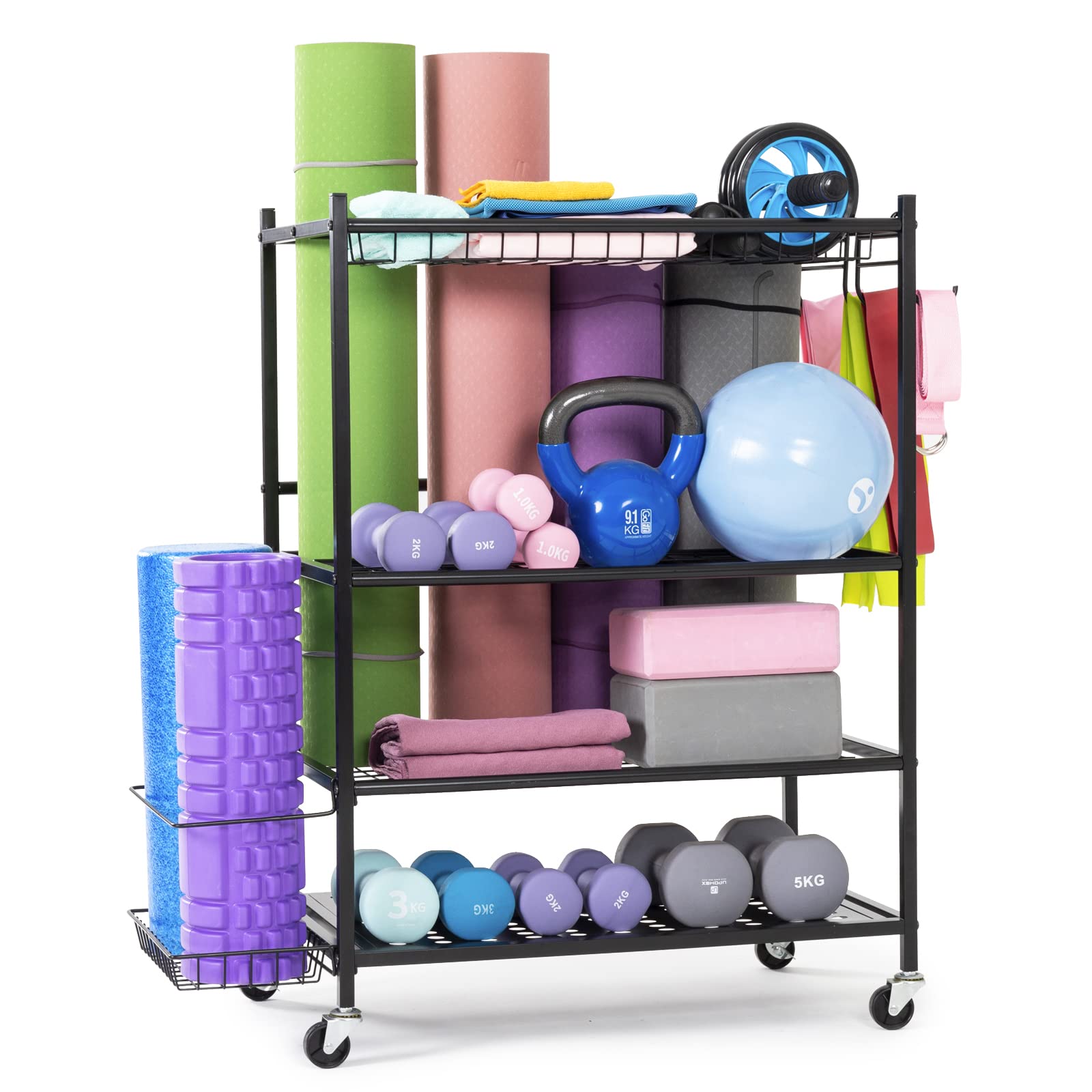 UMINEUX Yoga Mat Storage Racks, Home Gym Storage for Foam Roller, Dumbbells, Kettlebells, All in One Workout Equipment Storage Organizer with Hooks and Wheels