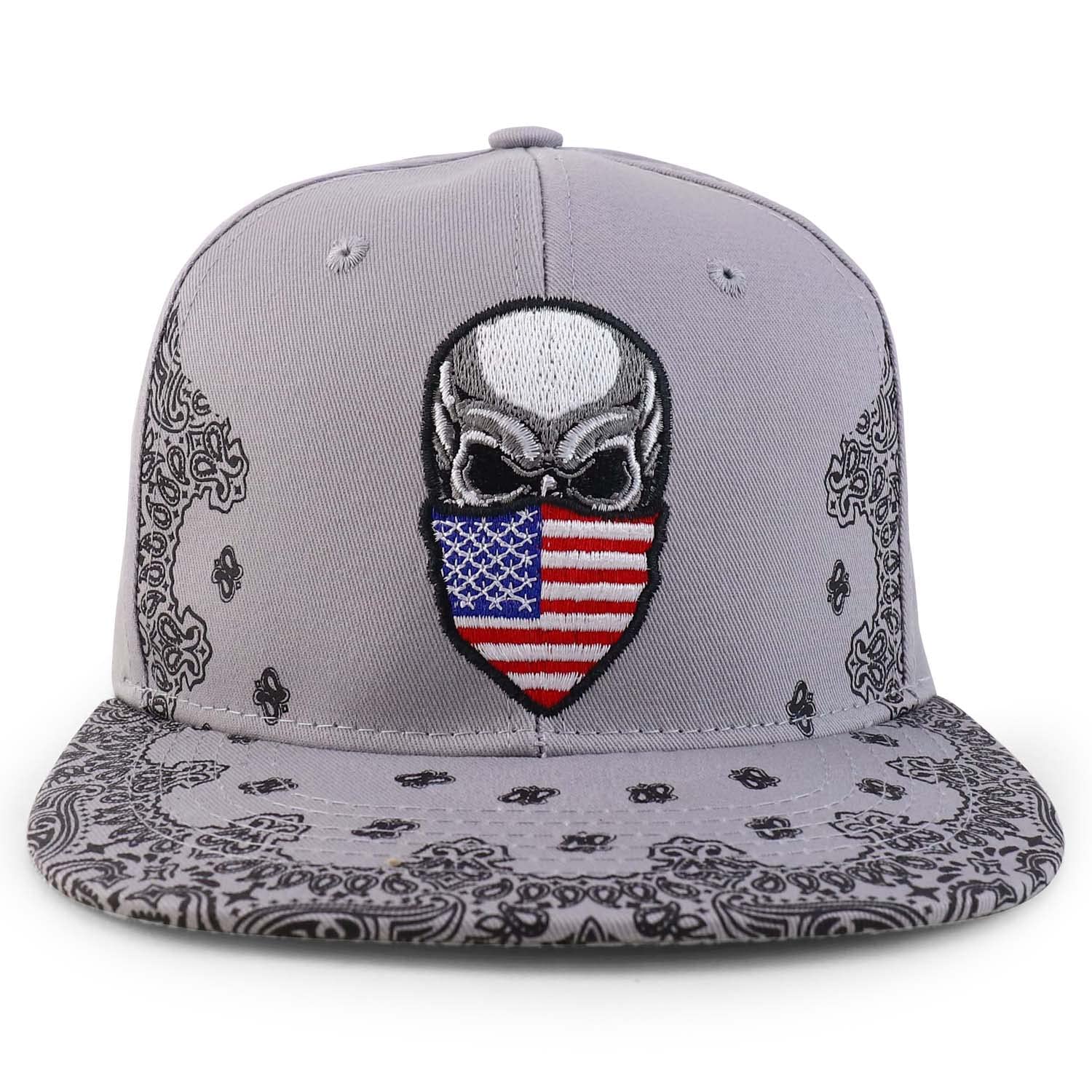 Trendy Apparel Shop Skull Bandana Embroidered Snapback with Paisley Print Flatbill Cap - Grey USA