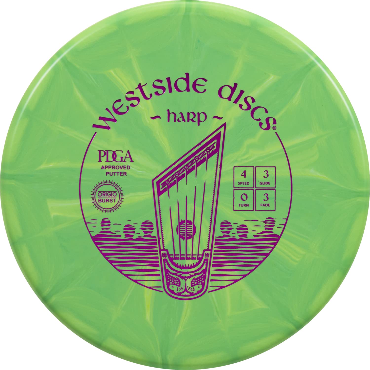 Westside Discs Origio Burst Harp Disc Golf Putter | Overstable Frisbee Golf Putt and Approach Disc | 170g Plus | Stamp Colors Will Vary (Green)