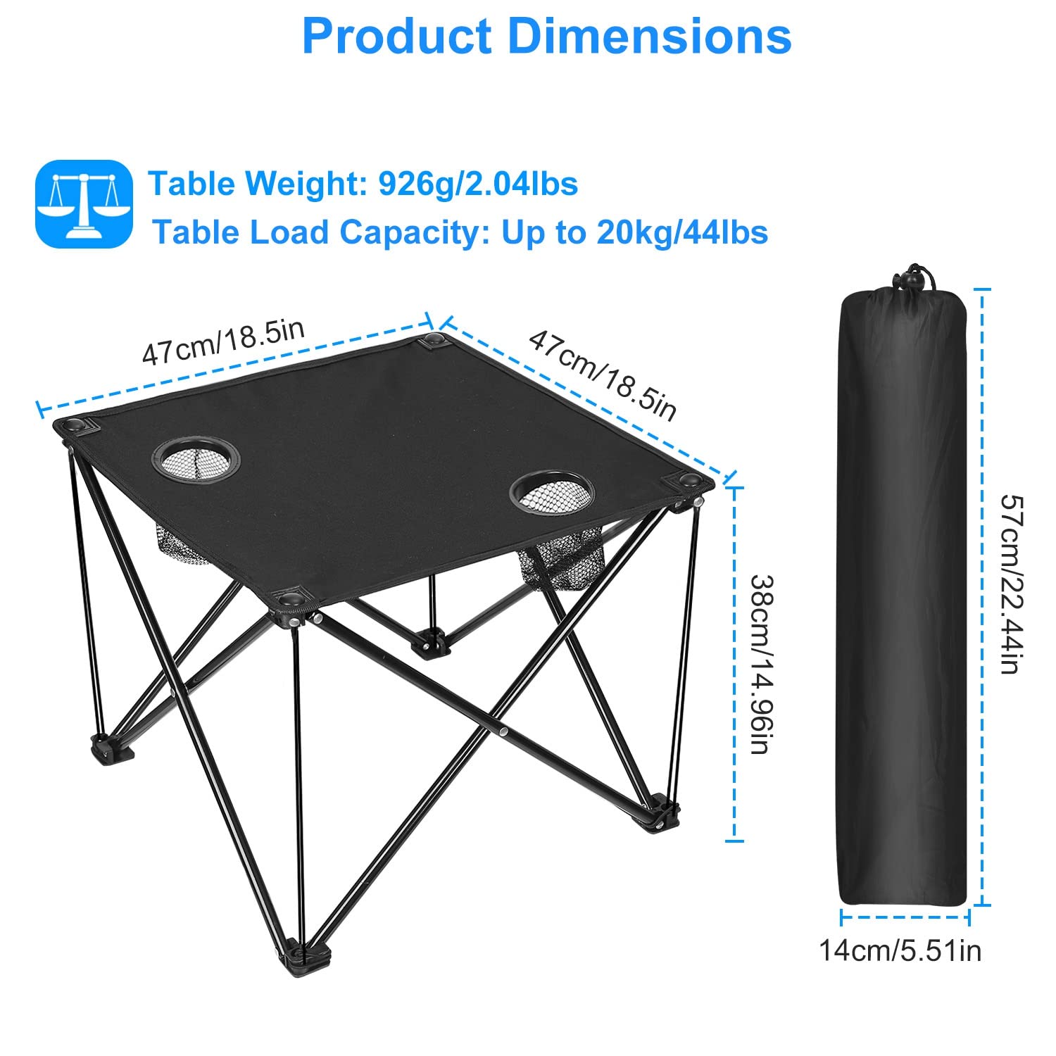 TeqHome Folding Camping Side Table,Outdoor Portable Camping Table W/2 Cup Holders&Carrying Bag,Steel Frame,600D Oxford Fabric,Lightweight Foldable Table for Beach Picnic Hiking Fishing