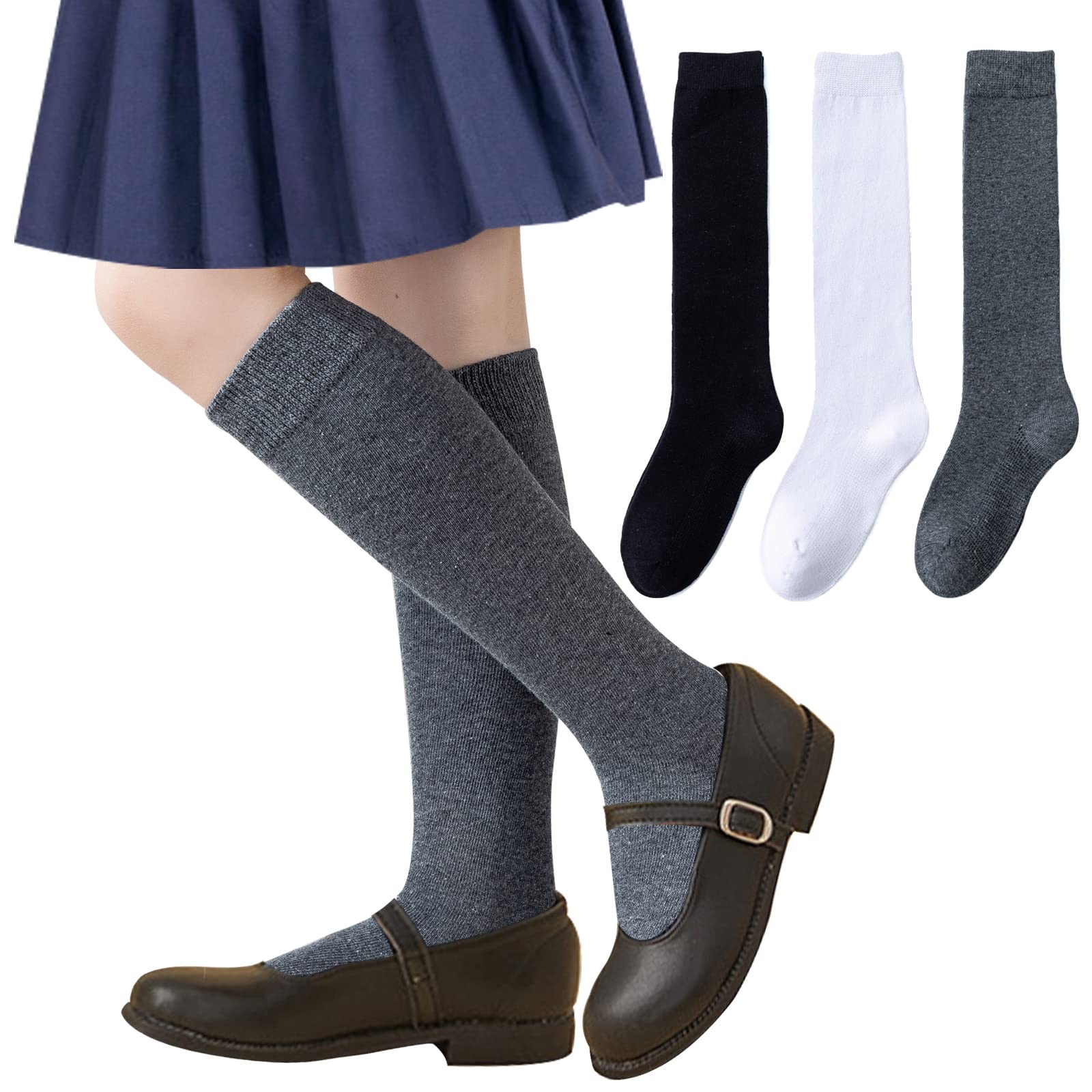 Girls Knee High Socks Kids School Uniform Socks 3 Pairs Seamless Cotton Tube Socks Unisex Child Boys Girls Soccer Socks (Black White Grey, 5-7 Years)