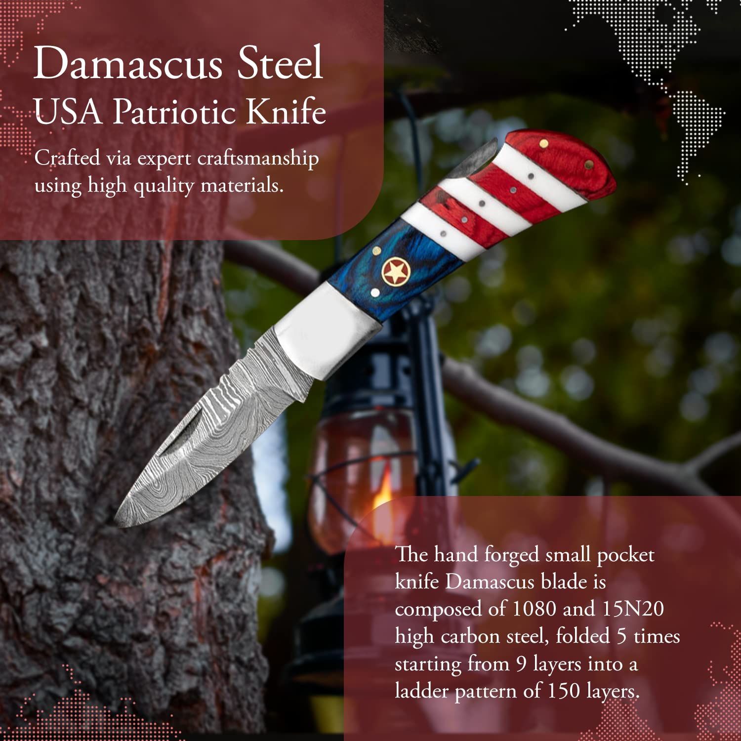 Morf Steelware American Flag Damascus Pocket Knife, USA Patriotic Damascus Folding Knife, 7.25 inches Survival Pocket Knife for Men, Handmade Camping & Hunting Knife With Sheath