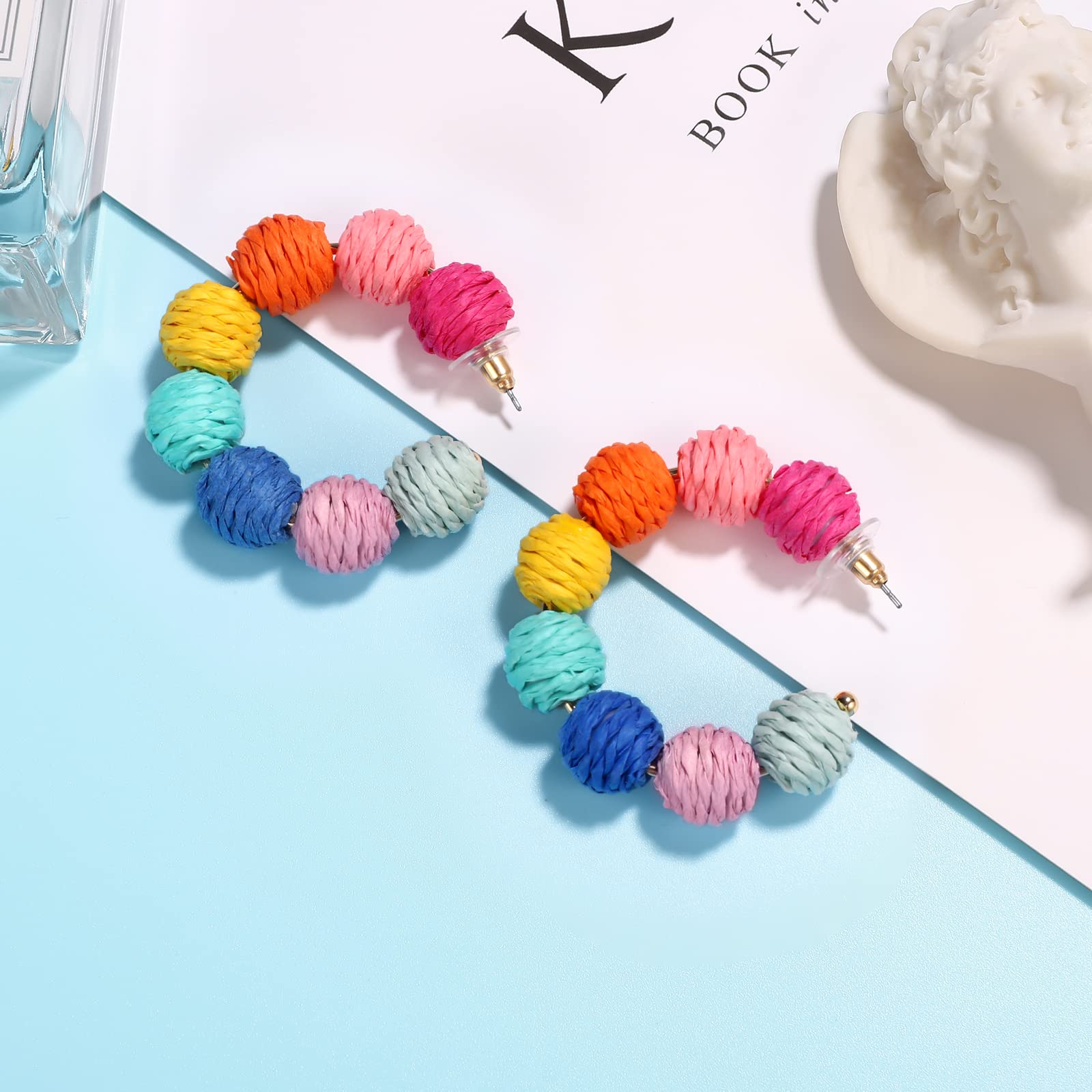 Hoop Earrings for Women Colorful Bohemian Rattan Earrings Handmade Rainbow Ball Earrings Raffia Circle Dangle Drop Earrings