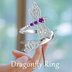 RMREWY Dragonfly Birthstone Ring 925 Sterling Silver Lotus Adjustable Ring Celtic Dragonfly Jewelry Birthday Gifts for Women Dragonfly Lovers