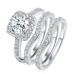 gemsme 18k white gold plated three-in-one wedding engagement eternity rings halo cubic zirconia bridal rings set (8)