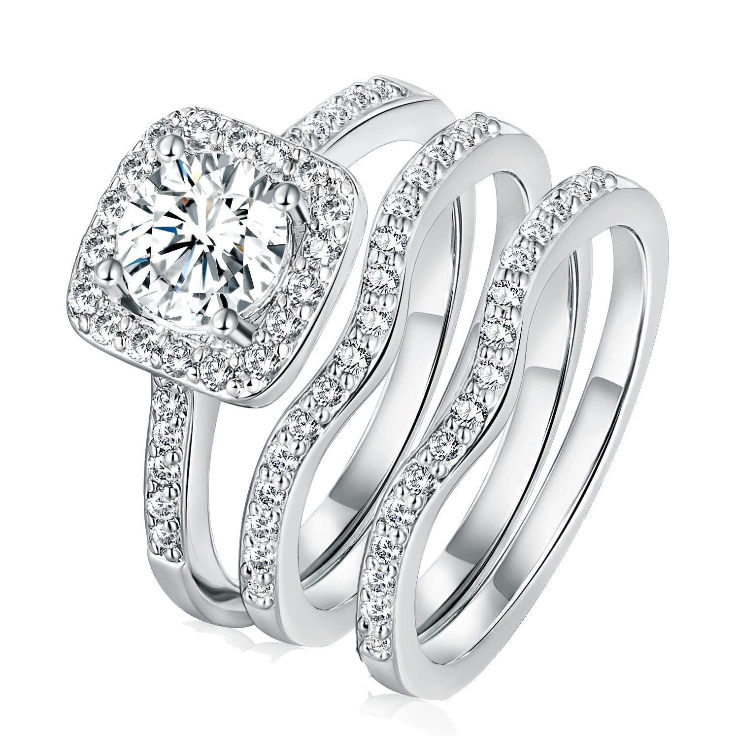 Gemsme 18K White Gold Plated Three-in-One Wedding Engagement Eternity Rings Halo Cubic Zirconia Bridal Rings Set (8)