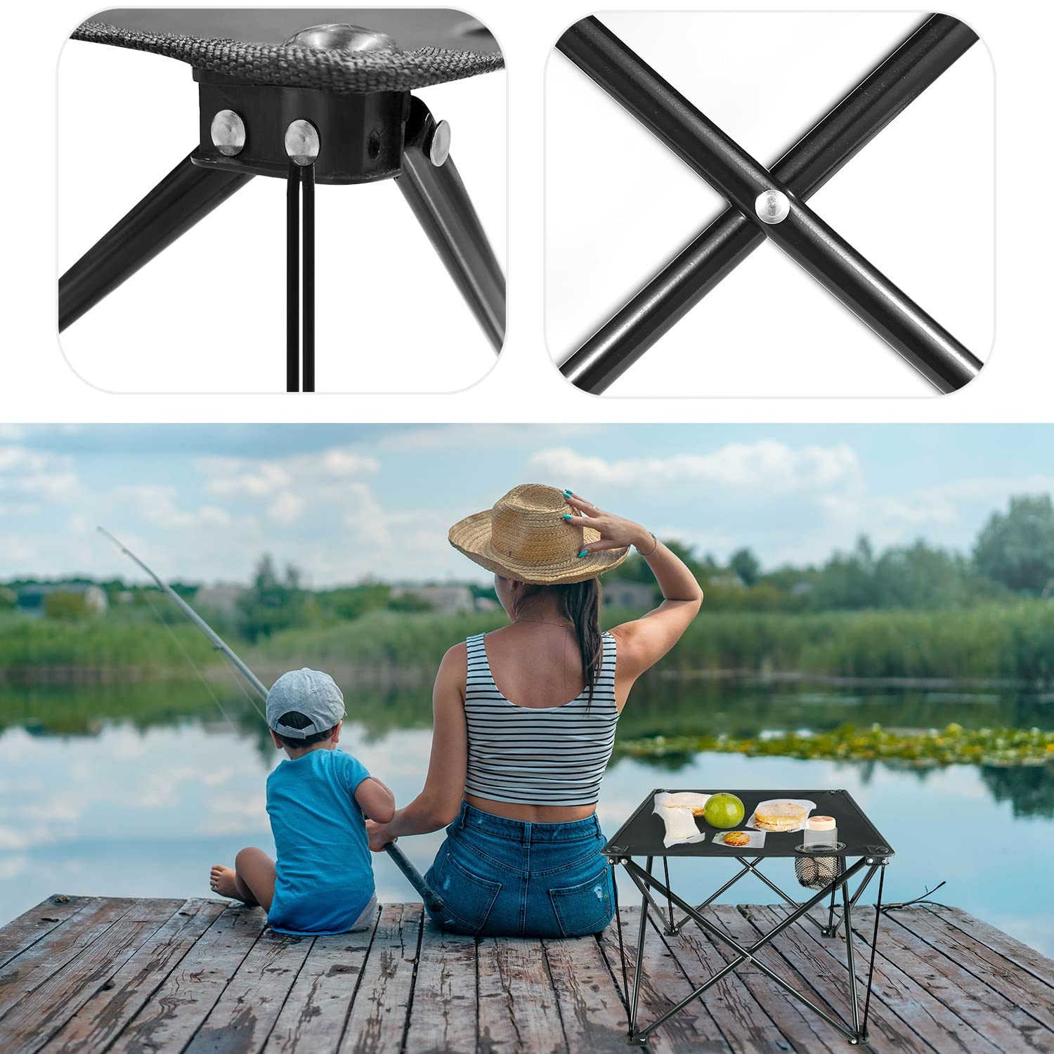 TeqHome Folding Camping Side Table,Outdoor Portable Camping Table W/2 Cup Holders&Carrying Bag,Steel Frame,600D Oxford Fabric,Lightweight Foldable Table for Beach Picnic Hiking Fishing