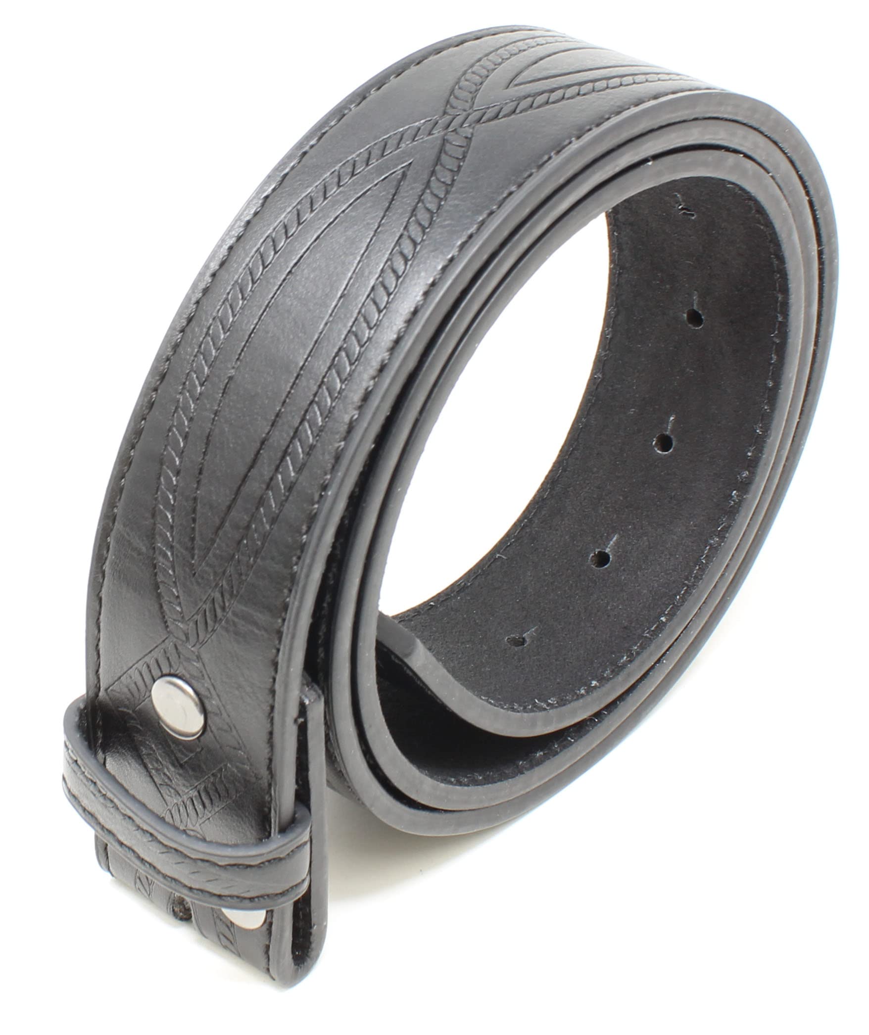 BC Belts Leather Belt Strap with Fancy Saddle Stitch Embossed Pattern 1.5" Wide with Snaps (Black-S)