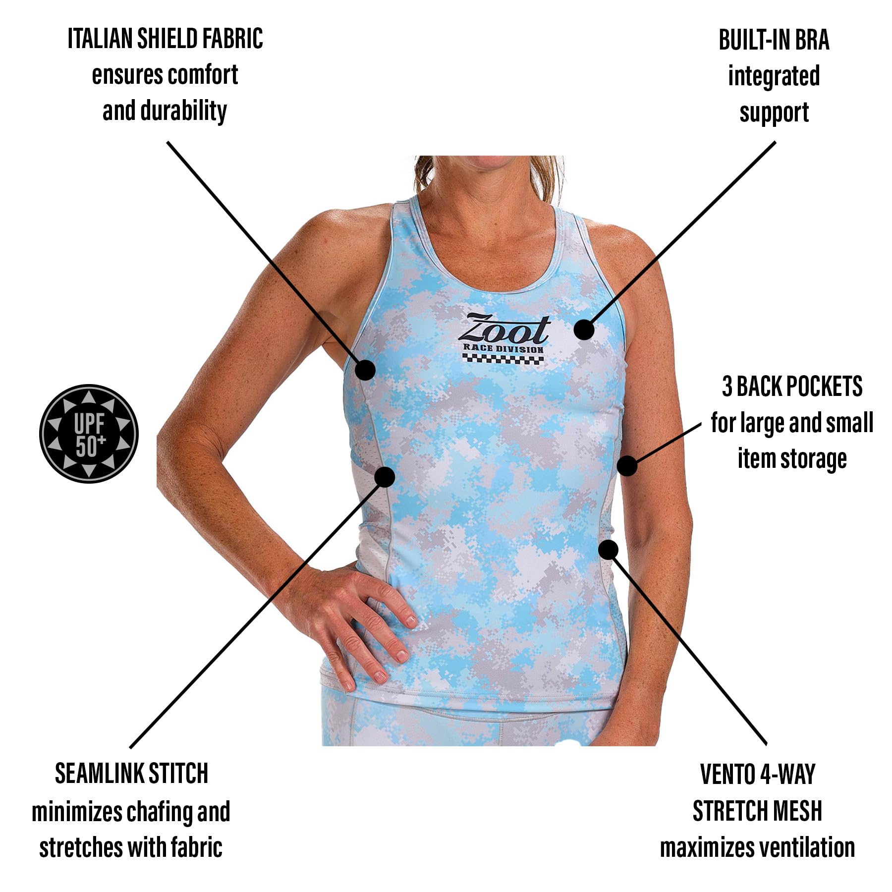 Zoot Women’s LTD Racerback Triathlon Tank Top – Womens Triathlon Top w/Built-in Bra & Pockets (Race Division, Small)