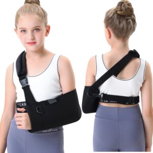 fotgok soft foam kids arm sling with waist belt for shoulder children-shoulder immobilizer with strong support-padiatric breathable arm support brace for shoulder injury,black (large)