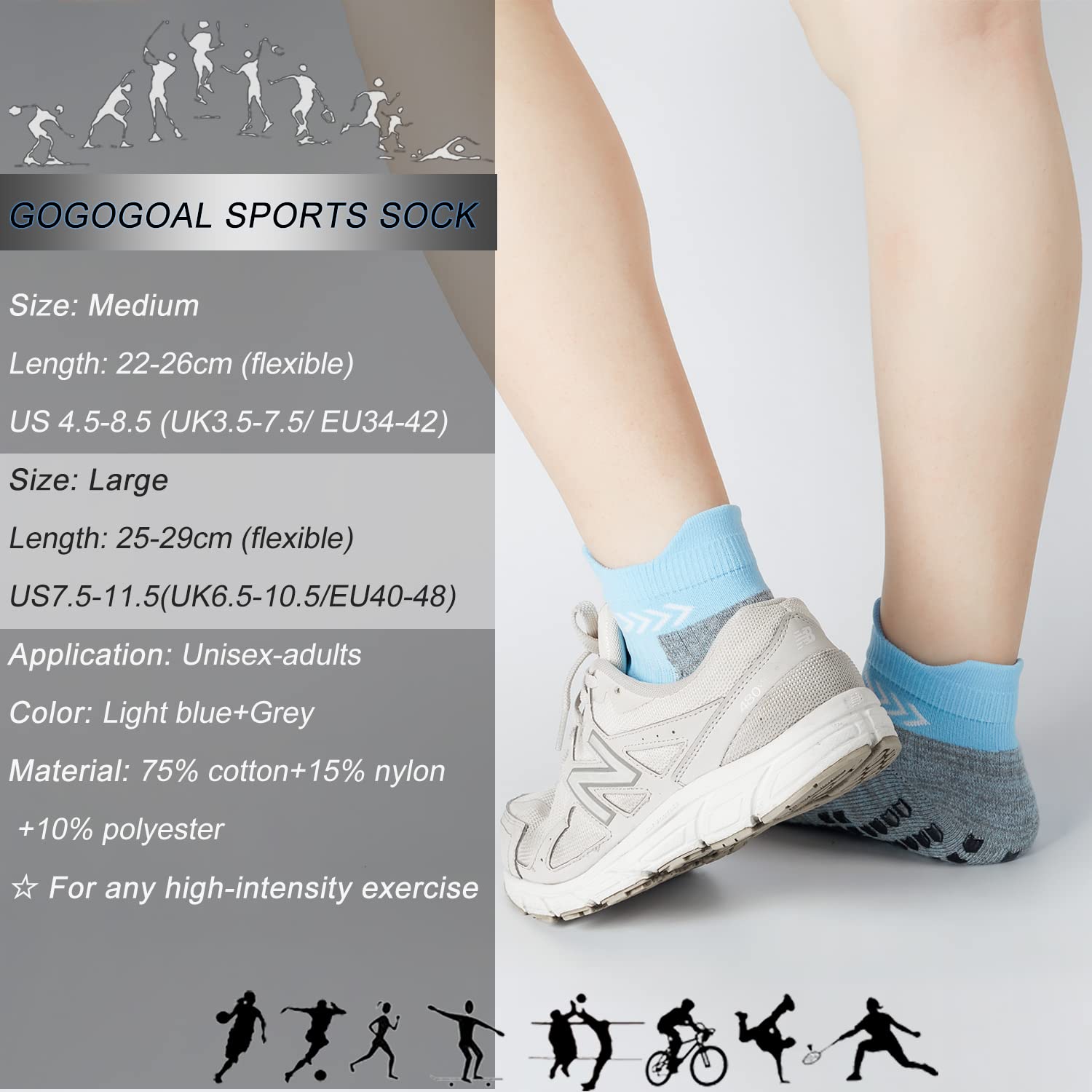 GOGOGOAL Anti-slip Ankle Sock Men Women Elder Hospital Non-slip Slipper Sock Tape Athletic Trainning Sock for Yoga Soccer Gym cycling Light Blue L 4P