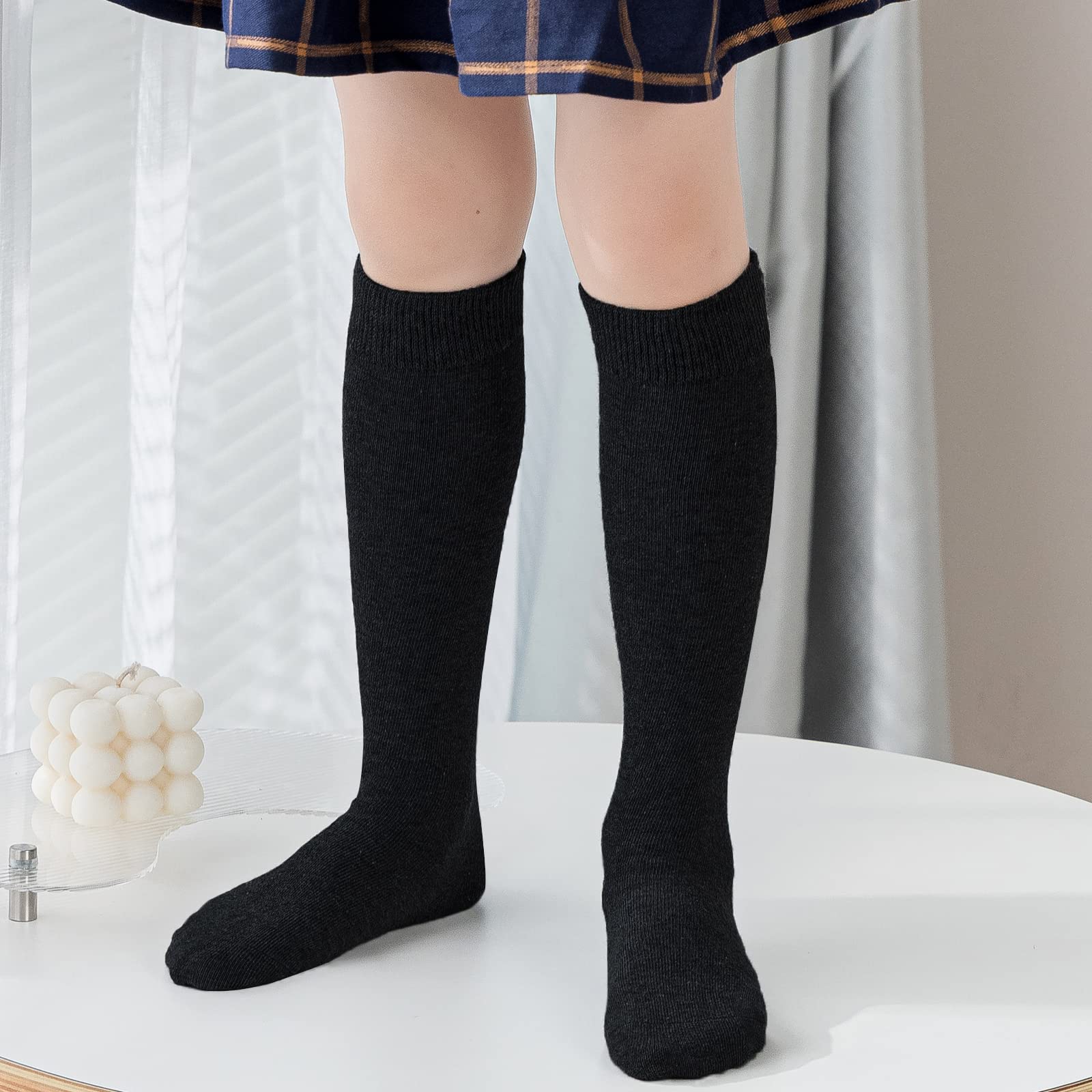 Girls Knee High Socks Kids School Uniform Socks 3 Pairs Seamless Cotton Tube Socks Unisex Child Boys Girls Soccer Socks (Black White Grey, 8-10 Years)