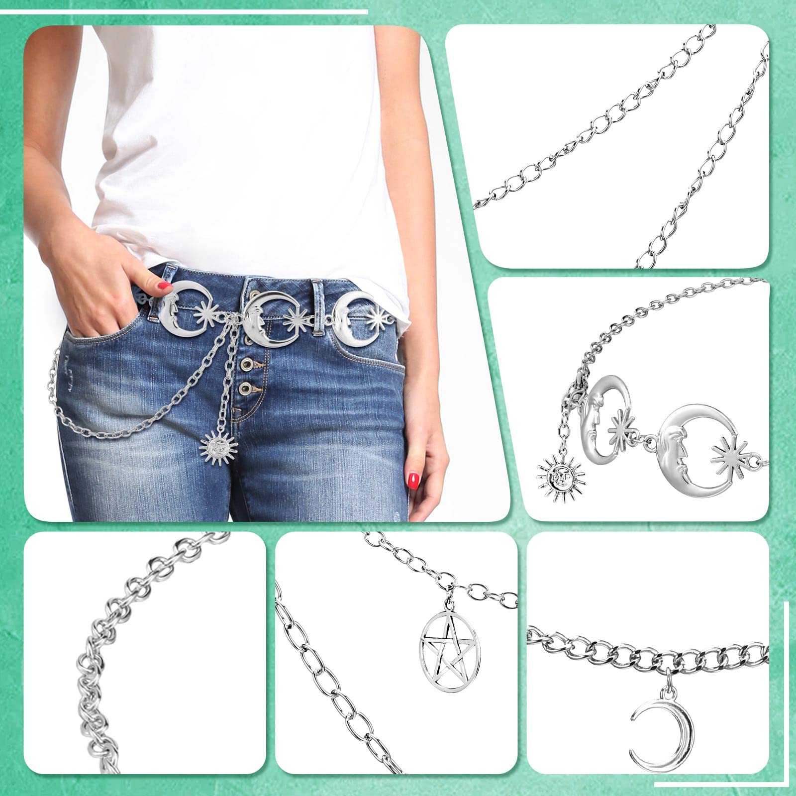 5 Pieces Chain Belt Pendant Belly Belt Body Chains Silver Metal Link Body Chain Belt Jeans Pants Chain Pocket Waist Chain Multilayer Hip Hop Metal Wallet Chain for Men Women (Moon Star)