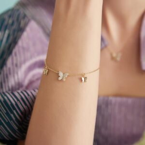 Dainty Butterfly Bracelet 925 Sterling Sliver Bracelet 14k Gold Plated Adjustable Chain with Cubic Zirconia Link Cute Animal Butterflies Gold Bracelet for Women Sparkling Jewelry