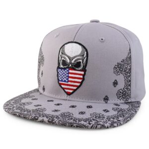 Trendy Apparel Shop Skull Bandana Embroidered Snapback with Paisley Print Flatbill Cap - Grey USA