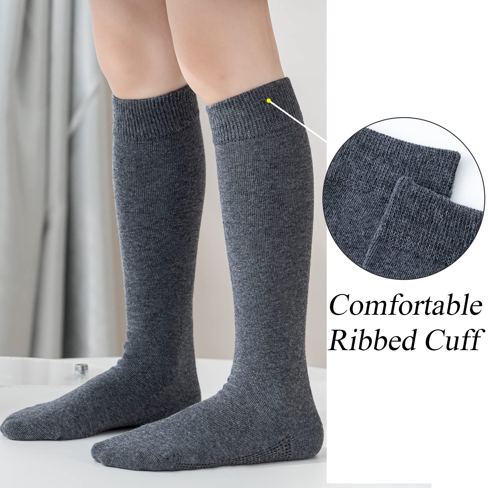 Girls Knee High Socks Kids School Uniform Socks 3 Pairs Seamless Cotton Tube Socks Unisex Child Boys Girls Soccer Socks (Black White Grey, 8-10 Years)