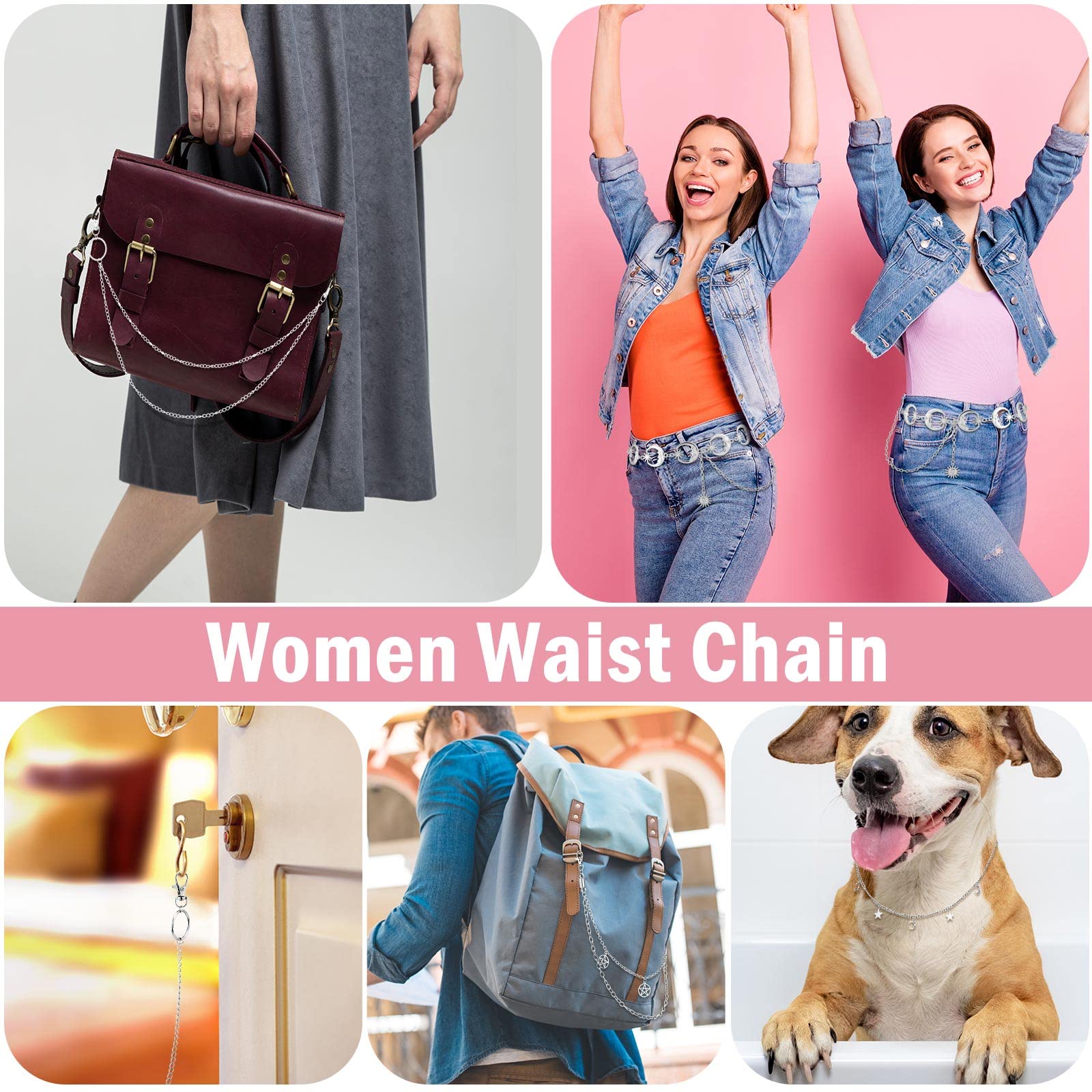 5 Pieces Chain Belt Pendant Belly Belt Body Chains Silver Metal Link Body Chain Belt Jeans Pants Chain Pocket Waist Chain Multilayer Hip Hop Metal Wallet Chain for Men Women (Moon Star)