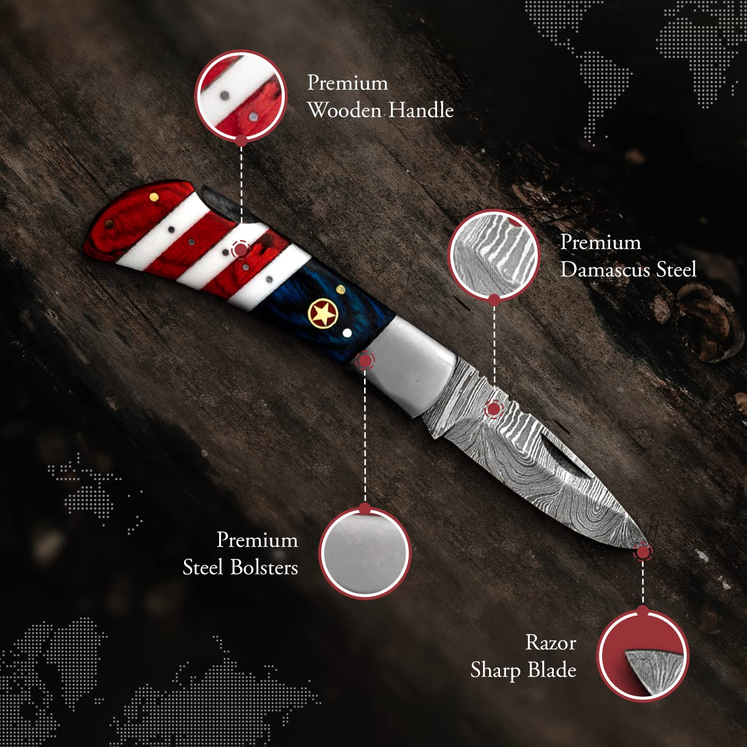 Morf Steelware American Flag Damascus Pocket Knife, USA Patriotic Damascus Folding Knife, 7.25 inches Survival Pocket Knife for Men, Handmade Camping & Hunting Knife With Sheath