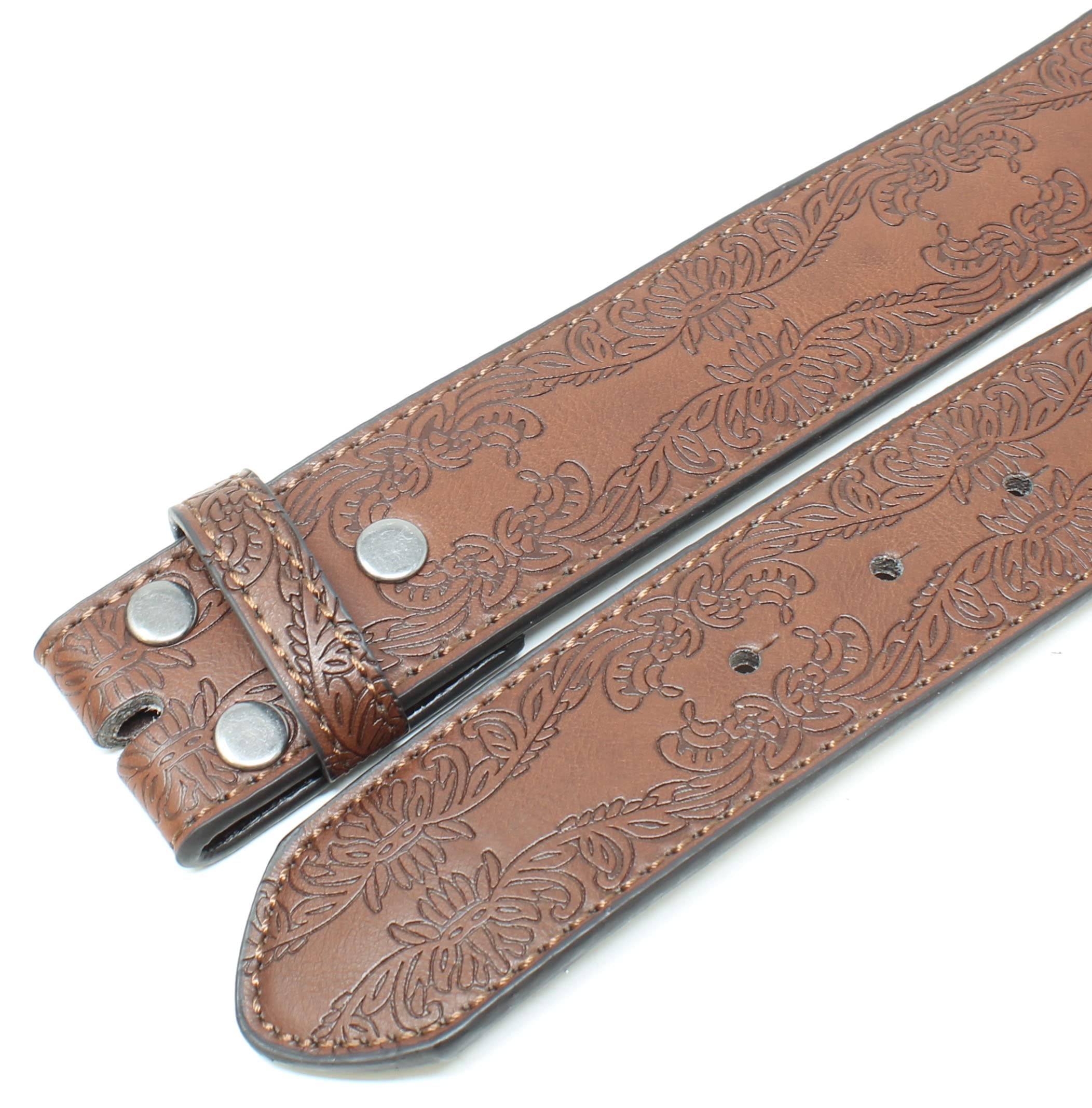 BC Belts Leather Belt Strap with Tooled Western Floral Leaf Embossed Pattern 1.5" Wide with Snaps (Brown-M)