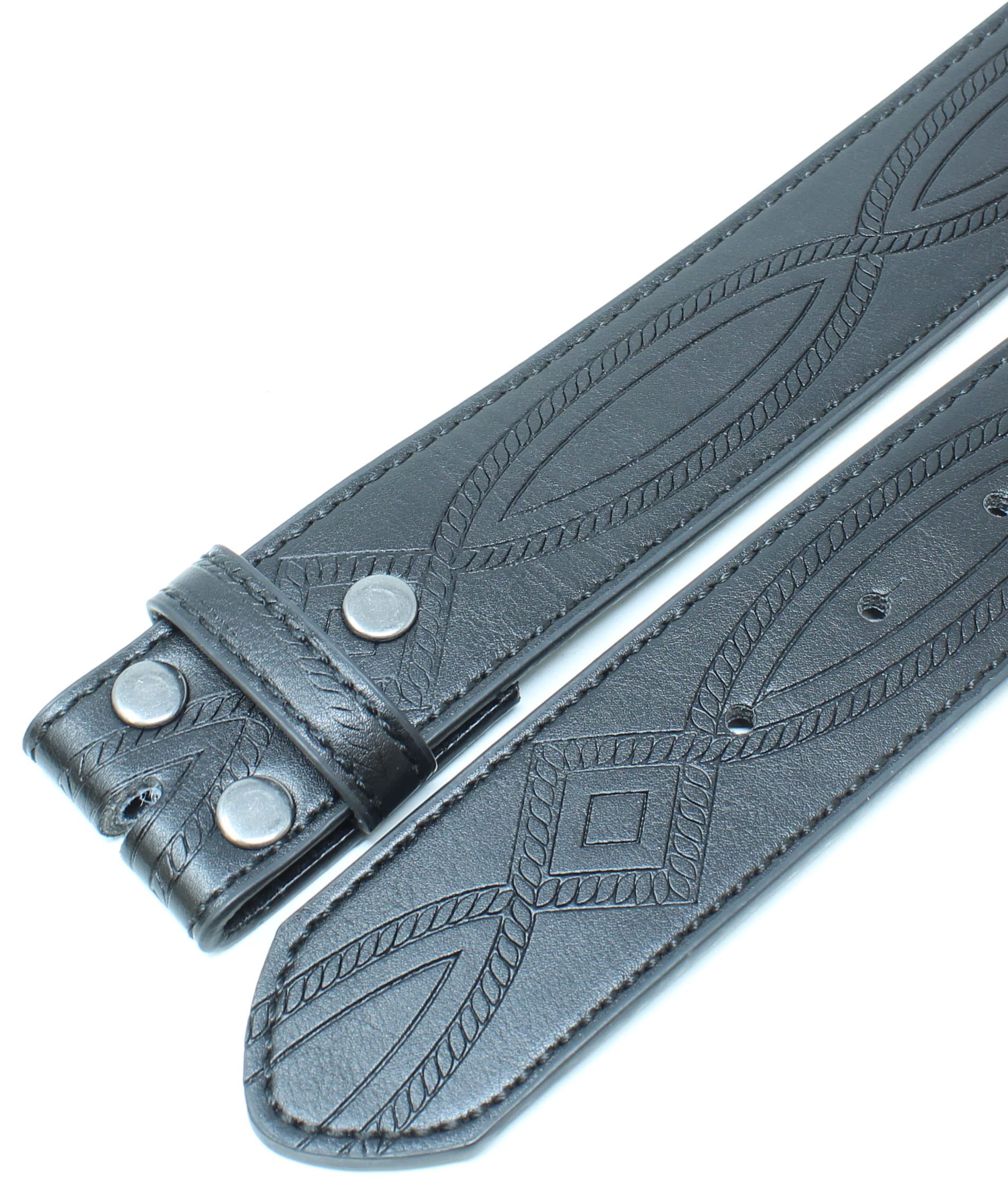 BC Belts Leather Belt Strap with Fancy Saddle Stitch Embossed Pattern 1.5" Wide with Snaps (Black-S)