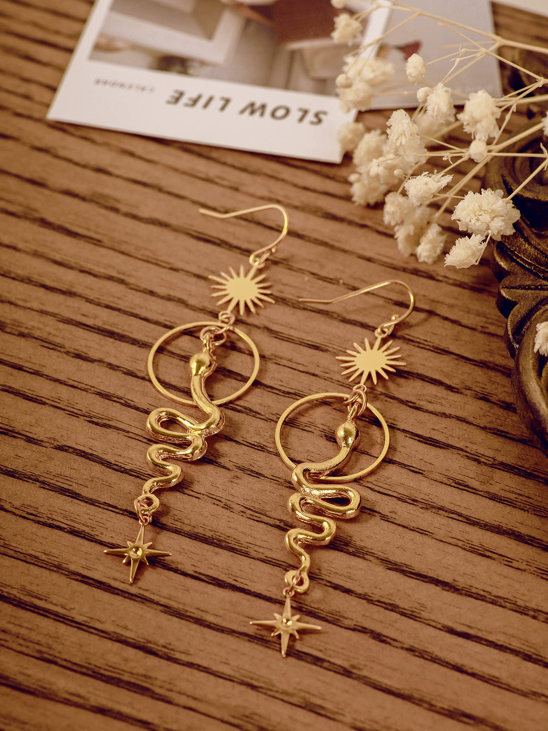 Sacina Gothic Sun Star Snake Earrings, Gold-Plated- Brass Snake Sun Star Pendant, Celestial Earrings, Goth Halloween Christmas New Year Jewelry Gift for Women