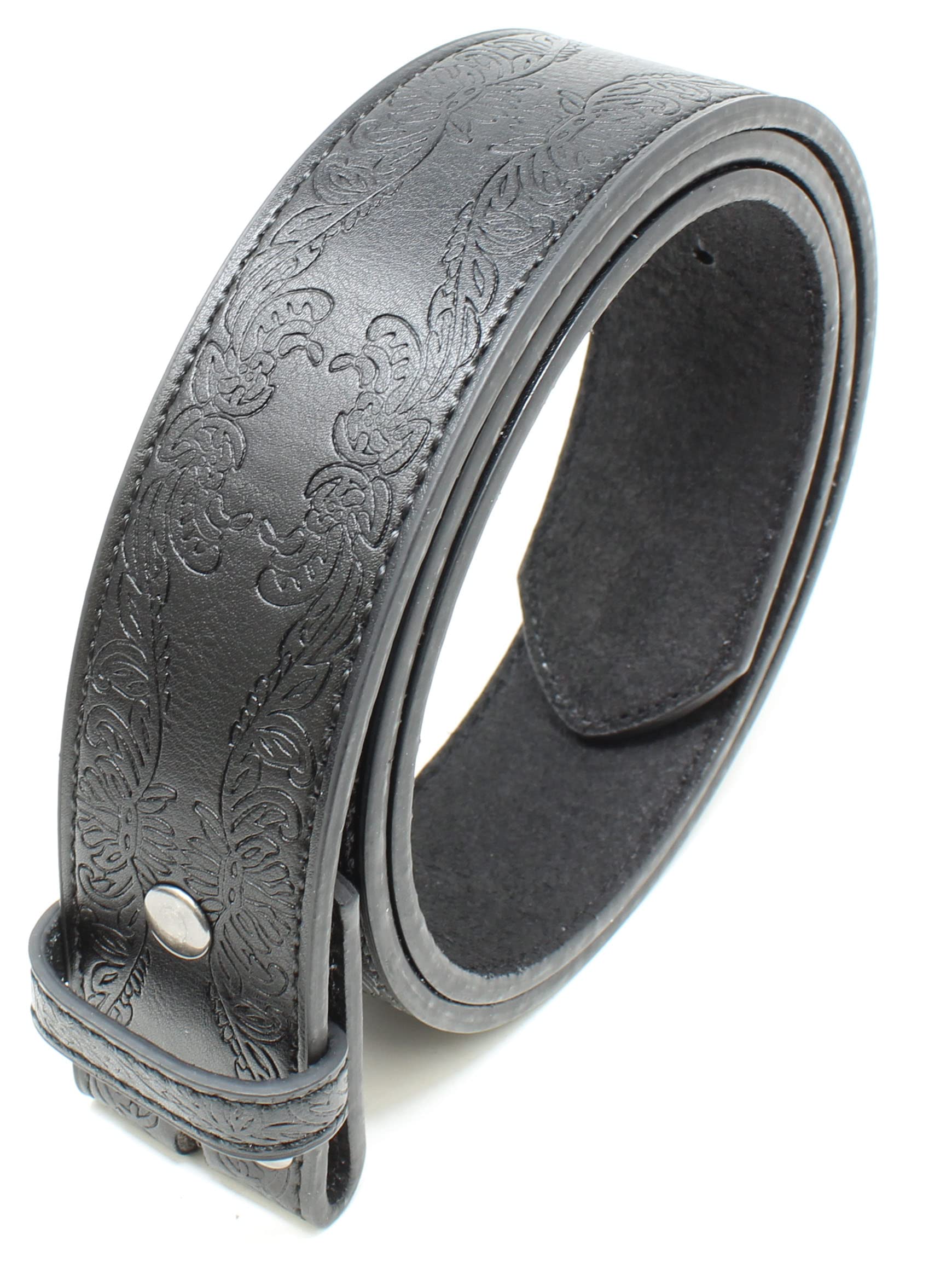 BC Belts Leather Belt Strap with Tooled Western Floral Leaf Embossed Pattern 1.5" Wide with Snaps (Black-S)