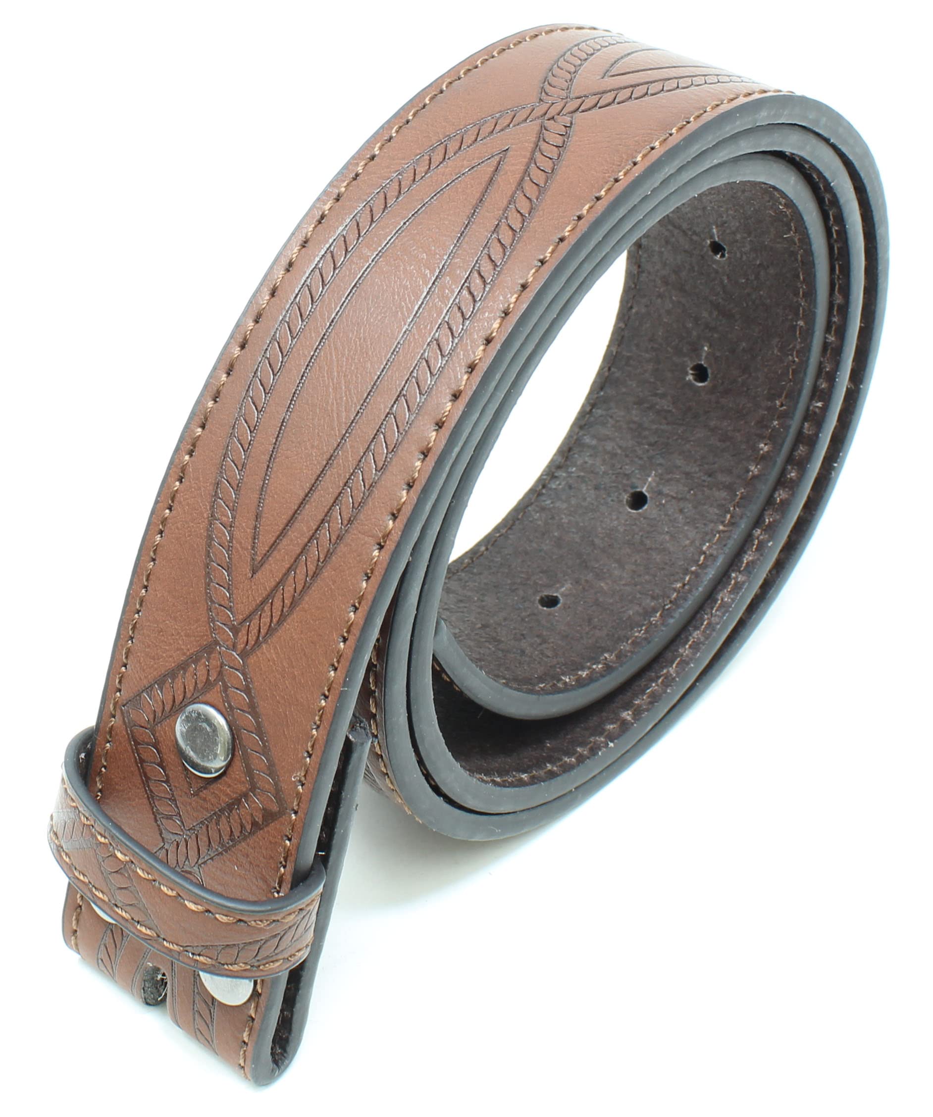 BC Belts Leather Belt Strap with Fancy Saddle Stitch Embossed Pattern 1.5" Wide with Snaps (Brown-S)