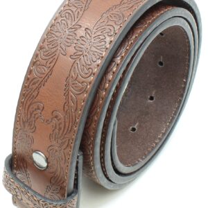 BC Belts Leather Belt Strap with Tooled Western Floral Leaf Embossed Pattern 1.5" Wide with Snaps (Brown-M)