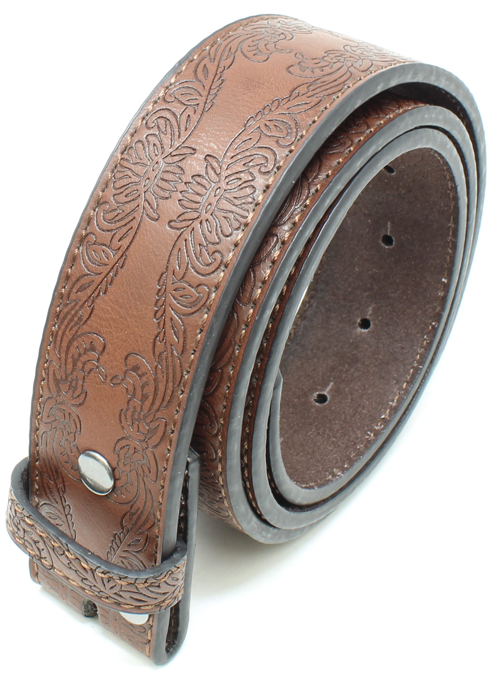 BC Belts Leather Belt Strap with Tooled Western Floral Leaf Embossed Pattern 1.5" Wide with Snaps (Brown-M)