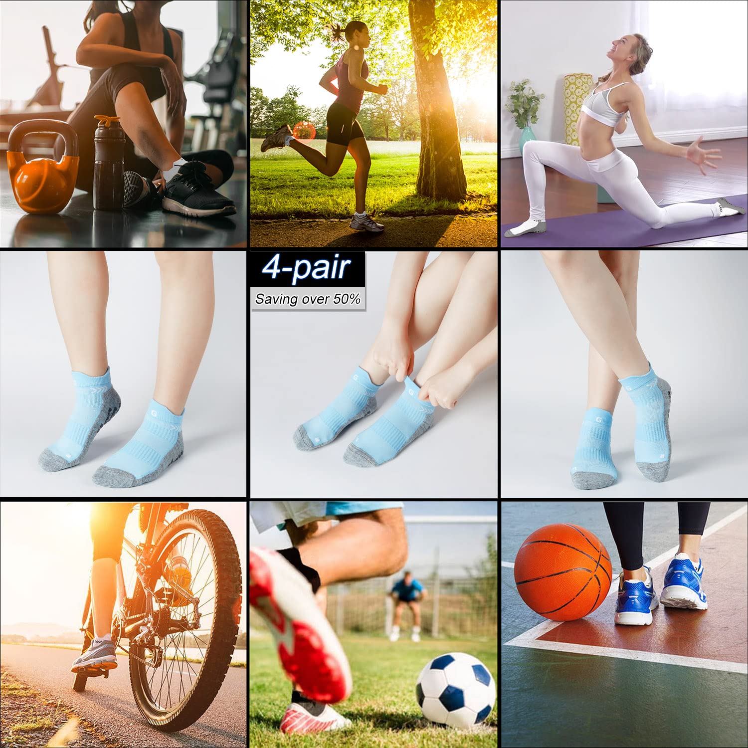 GOGOGOAL Anti-slip Ankle Sock Men Women Elder Hospital Non-slip Slipper Sock Tape Athletic Trainning Sock for Yoga Soccer Gym cycling Light Blue L 4P