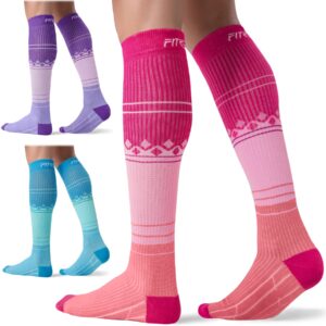 FITRELL 3 Pairs Compression Socks for Women and Men 15-20mmHg-Muscle Circulation Support Socks for Travel, Nurse, Knee High Socks, Pink+Purple+Blue L/XL